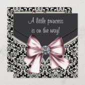 Invitation Élégant Baby shower noir rose Damas (Devant / Derrière)