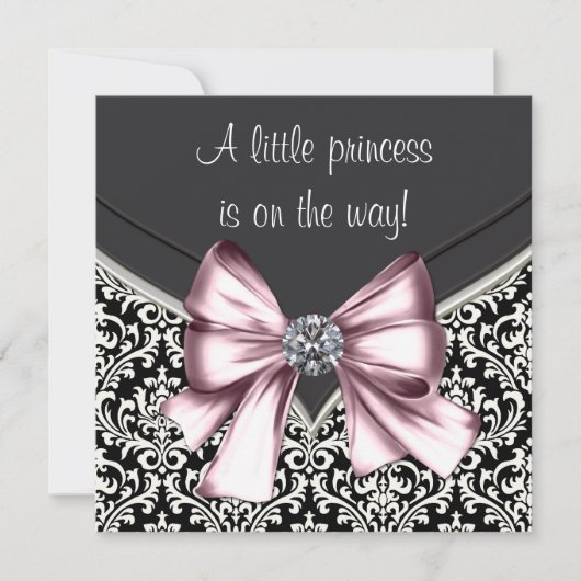 Invitation Élégant Baby shower noir rose Damas (Devant)