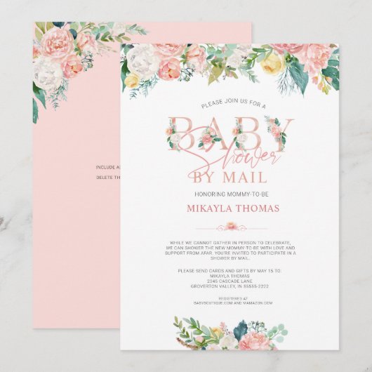 Invitation Elégant Baby shower par Mail Rose or rose floral (Devant / Derrière)