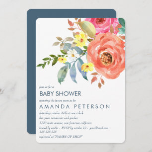 Invitation Elégant Baby shower Peach rose et blue Peonies