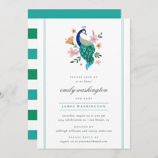Invitation Elégant Baby shower Peacock Aquarelle (Devant / Derrière)