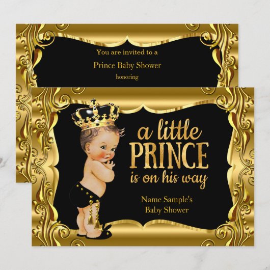 Invitation Elégant Baby shower Prince Noir Gold Brunette (Devant / Derrière)