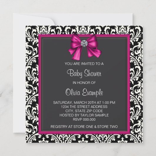Invitation Élégant Baby shower princesse Hot rose noir Damask (Dos)