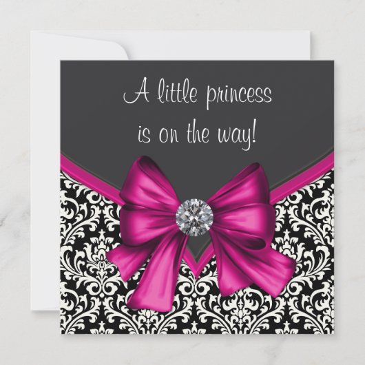 Invitation Élégant Baby shower princesse Hot rose noir Damask (Devant)