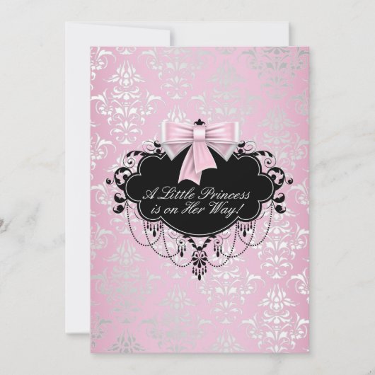 Invitation Élégant Baby shower princesse noire rose argent (Devant)