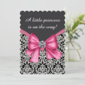 Invitation Élégant Baby shower princesse rose noir Damas (Debout devant)