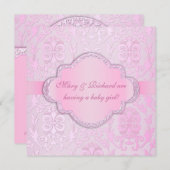 Invitation Élégant Baby shower rose de la florale Damas (Devant / Derrière)