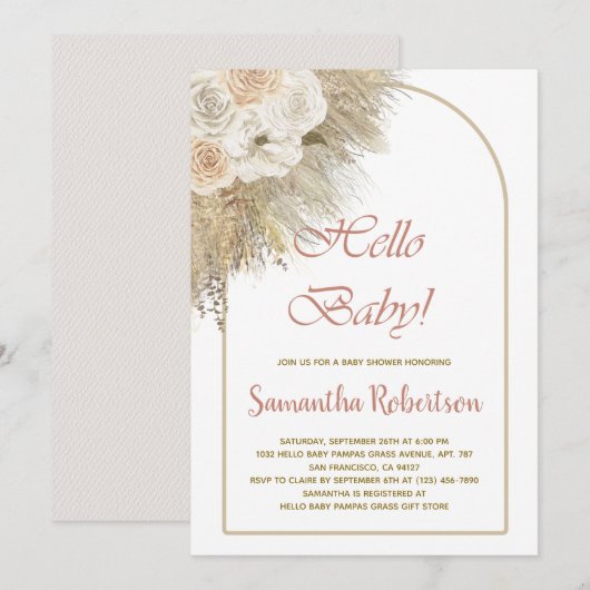 Invitation Elégant Baby shower Rose de Pampas Grass Boho Flor (Devant / Derrière)