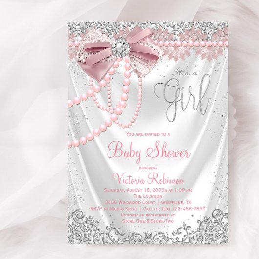 Invitation Elégant Baby shower rose Diamant Perle rose Fille