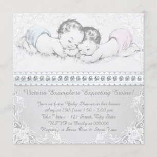 Invitation Elégant Baby shower rose et bleu Twin