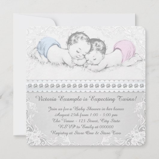 Invitation Elégant Baby shower rose et bleu Twin (Devant)