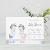 Invitation Elégant Baby shower rose et bleu Twins (Debout devant)