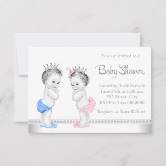 Invitation Elégant Baby shower rose et bleu Twins (Devant)
