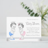 Invitation Elégant Baby shower rose et bleu Twins (Debout devant)