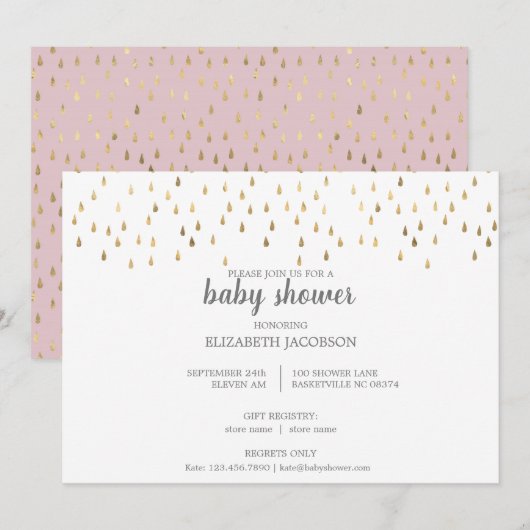 Invitation Élégant Baby shower rose et or Raindrops (Devant / Derrière)