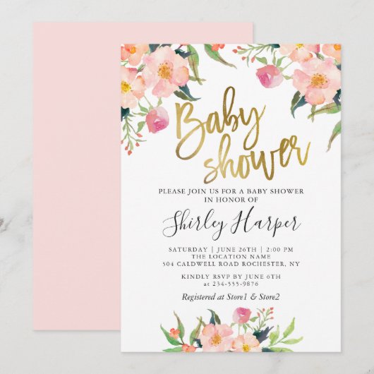 Invitation Élégant Baby shower rose Floral Gold Script (Devant / Derrière)