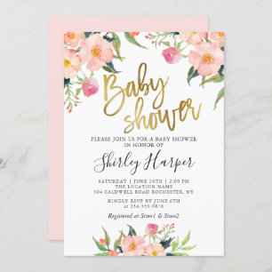 Invitation Élégant Baby shower rose Floral Gold Script