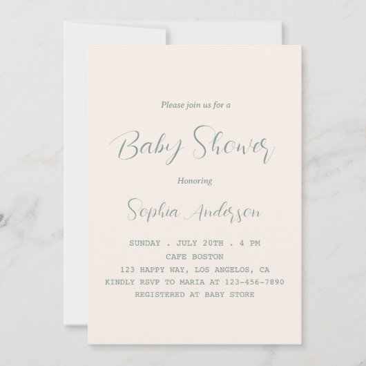 Invitation Elégant Baby shower Sage Green Script - Minimalist (Devant)