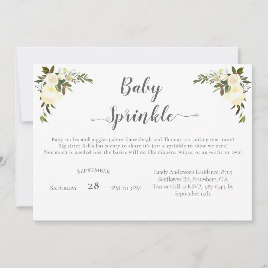Invitation Élégant Baby shower Saupoudrer Roses blanches Flor (Devant)