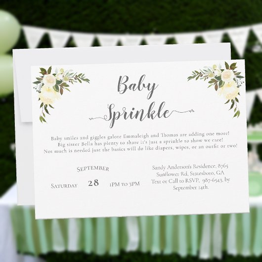 Invitation Élégant Baby shower Saupoudrer Roses blanches Flor