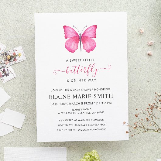 Invitation Élégant Baby shower simple mignon papillon rose
