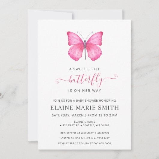 Invitation Élégant Baby shower simple mignon papillon rose (Devant)