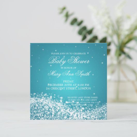 Invitation Elegant Baby Shower Sparkling Wave Turquoise (Debout devant)