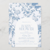 Invitation Elégant Baby shower Toile De Jouy Blue Hydrangea (Devant / Derrière)