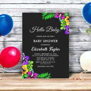 Invitation Élégant Baby shower tropical rustique noir floral