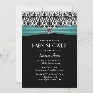 Invitation Élégant Baby shower Turquoise en ruban Damask