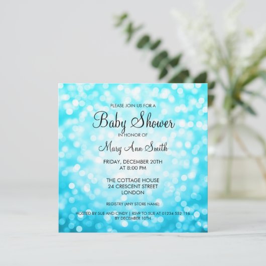 Invitation Elégant Baby shower Turquoise Parties scintillant (Debout devant)