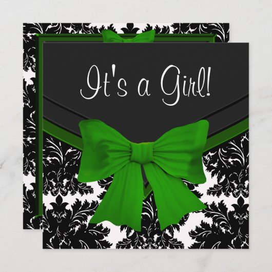 Invitation Élégant Baby shower vert émeraude noir damassé (Devant / Derrière)