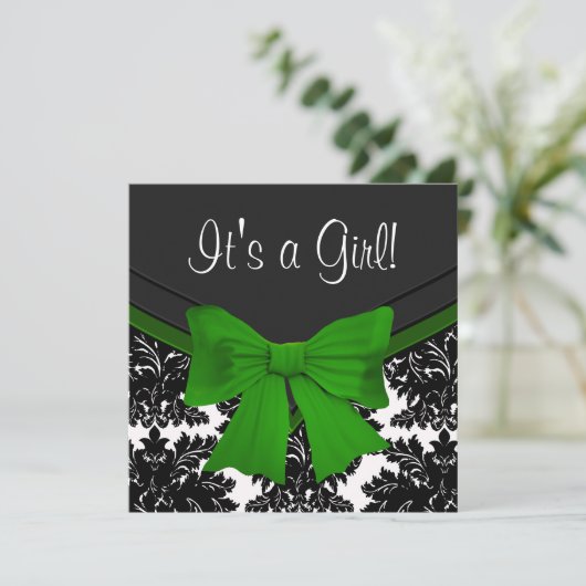Invitation Élégant Baby shower vert émeraude noir damassé (Debout devant)