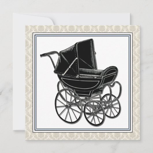 Invitation Elégant Baby shower Vintage Pram Beige Damask  (Devant)