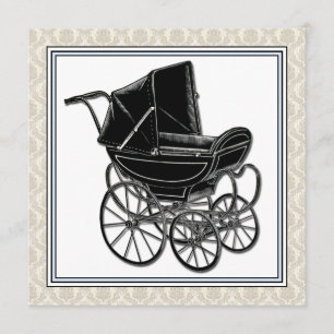Invitation Elégant Baby shower Vintage Pram Beige Damask 