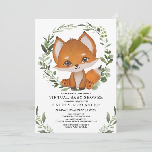 Invitation Élégant Baby shower virtuel Fox verdure par courri (Debout devant)