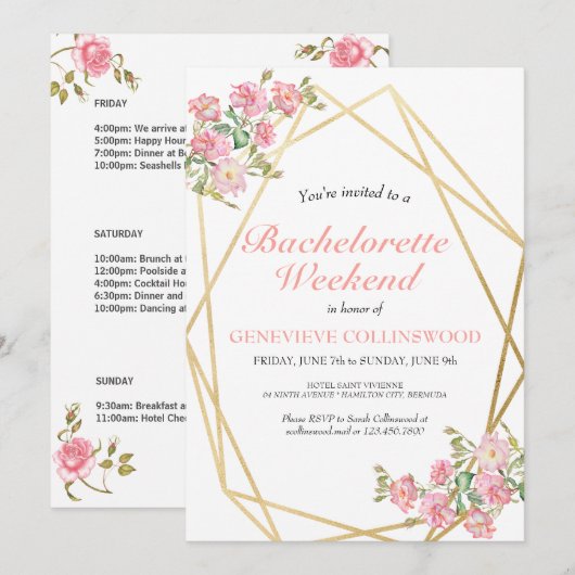 Invitation Élégant Bachelorette Florale Week-end Itinéraire (Devant / Derrière)