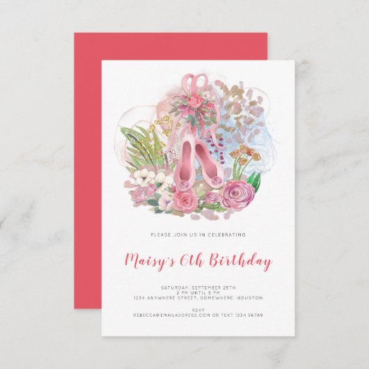 Invitation Élégant Ballet Pompes rose Fille 6ème anniversaire (Devant / Derrière)