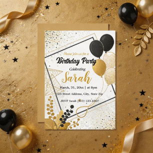Invitation élégant ballon noir or pour anniversaire tout âge