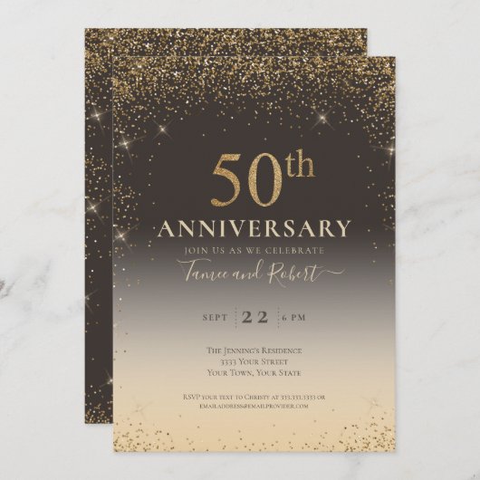 Invitation Élégant ballon Parties scintillant or 50e annivers (Devant / Derrière)