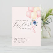 Invitation Élégant ballon rose floral premier anniversaire (Debout devant)