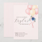 Invitation Élégant ballon rose floral premier anniversaire (Devant / Derrière)