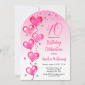 Invitation Élégant Ballons de Coeur Rose 40e anniversaire fêt (Devant)