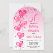 Invitation Élégant Ballons de Coeur Rose 50e fête d'anniversa (Devant)