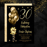 Invitation Elégant Ballons d'or sur Black 30th Birthday Party<br><div class="desc">Ballons d'or à fausse parties scintillant élégante avec grand arc et banderoles et étoiles accent "30" 30e anniversaire invitation de fête.</div>