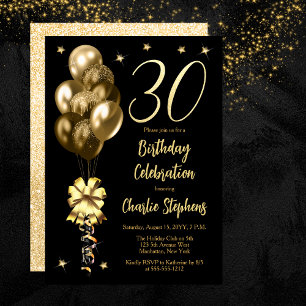 Invitation Elégant Ballons d'or sur Black 30th Birthday Party