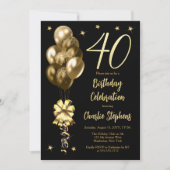 Invitation Elégant Ballons d'or sur Black 40th Birthday Party (Devant)
