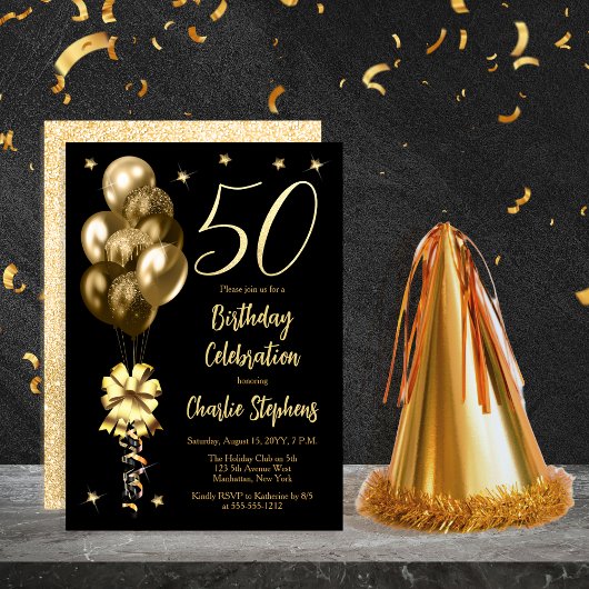 Invitation Elégant Ballons d'or sur Black 50th Birthday Party