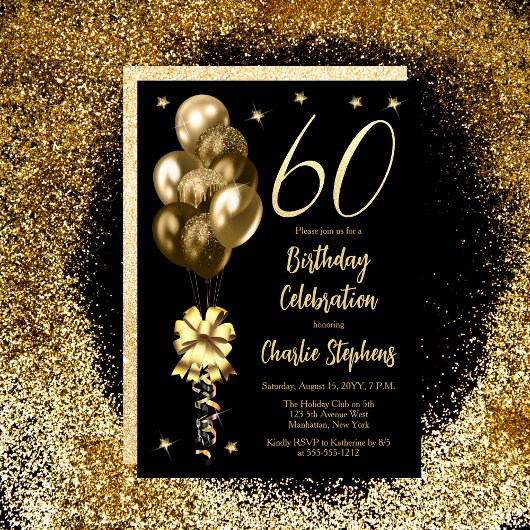 Invitation Elégant Ballons d'or sur Black 60th Birthday Party
