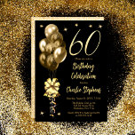 Invitation Elégant Ballons d'or sur Black 60th Birthday Party<br><div class="desc">Ballons d'or à fausse parties scintillant élégante avec grand arc et banderoles et étoiles accent "60" 60e anniversaire invitation de fête.</div>